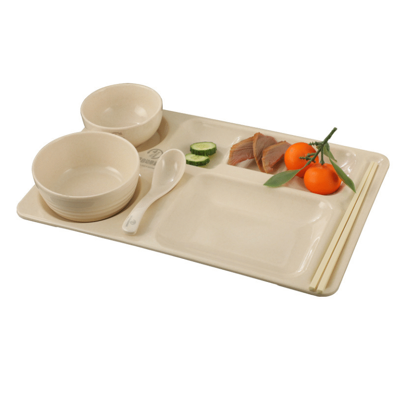 Eco-labeled bamboo melamine plates and bowl. Analyzing bamboo-plastic tableware safety