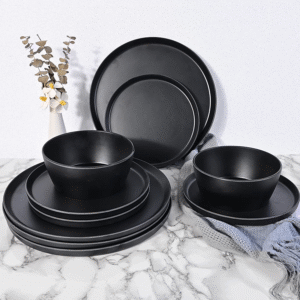 Black Dinnerware Set 12 Pcs Melamine Plate and Bowls for Events Customized Logo Carton Box CLASSIC Household Engraving