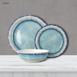 Light Blue Unbreakable Melamine Dishwasher Safe Plastic Dishes Set Break-Resistant and Lightweight for Home Picnic Camping