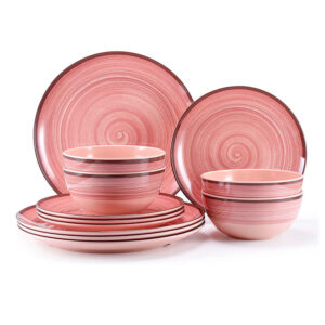12pcs melamine dinnerware set in white and pink — round plates, bowls for dining