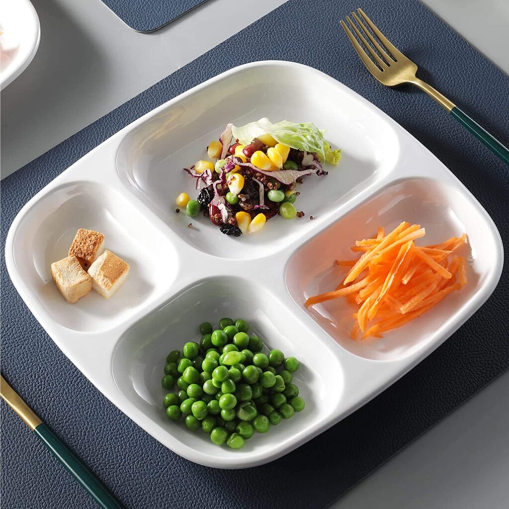 Square melamine compartment plates for adults with 4 sections, divided portion control plate with veggies for meal prep