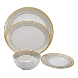 Gold silver 8 inch melamine dinnerware set with plates, platters and bowls