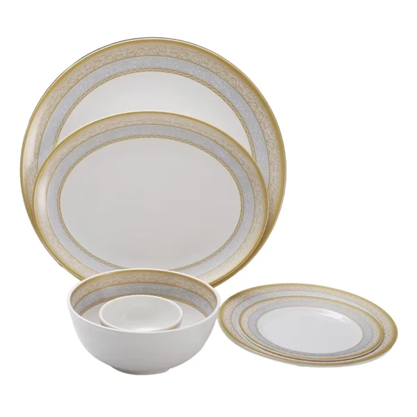 Gold silver 8 inch melamine dinnerware set with plates, platters and bowls