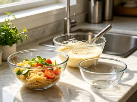 Traditional clear glass prep bowls: microwave-safe set, but can shatter in real kitchen use