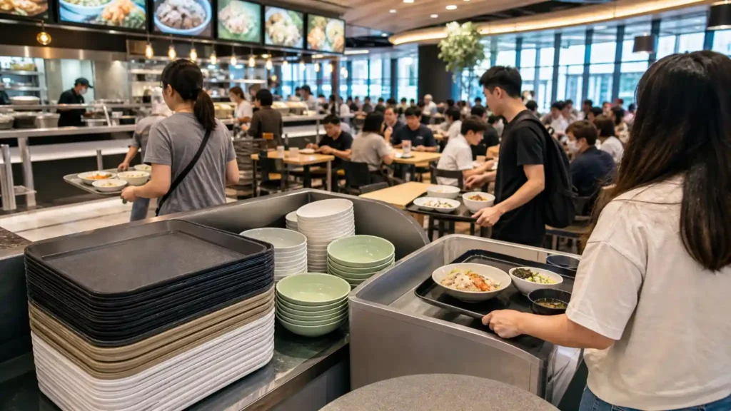 Stacked commercial melamine trays and durable bowls in a busy cafeteria