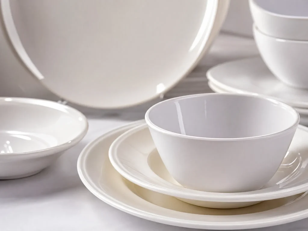 White custom melamine dinnerware set featuring stacked bowls and plates for OEM manufacturing