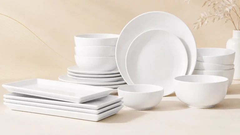 Minimalist white label melamine tableware production sample set displaying plates and bowls ready for custom brand manufacturing