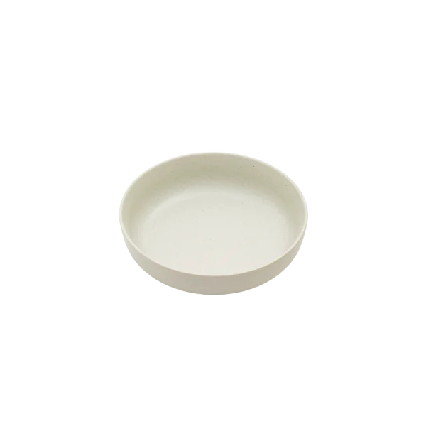Stackable and lightweight, this white speckled round bowl serves as an elegant shallow melamine salad bowl for tables