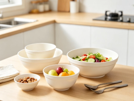 Multiple sizes of durable melamine bowls used for serving salad and fruit on a kitchen counter, showing versatile uses
