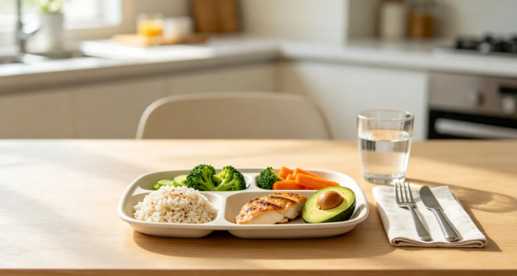 Melamine compartment plates show portion control for adult meal prep