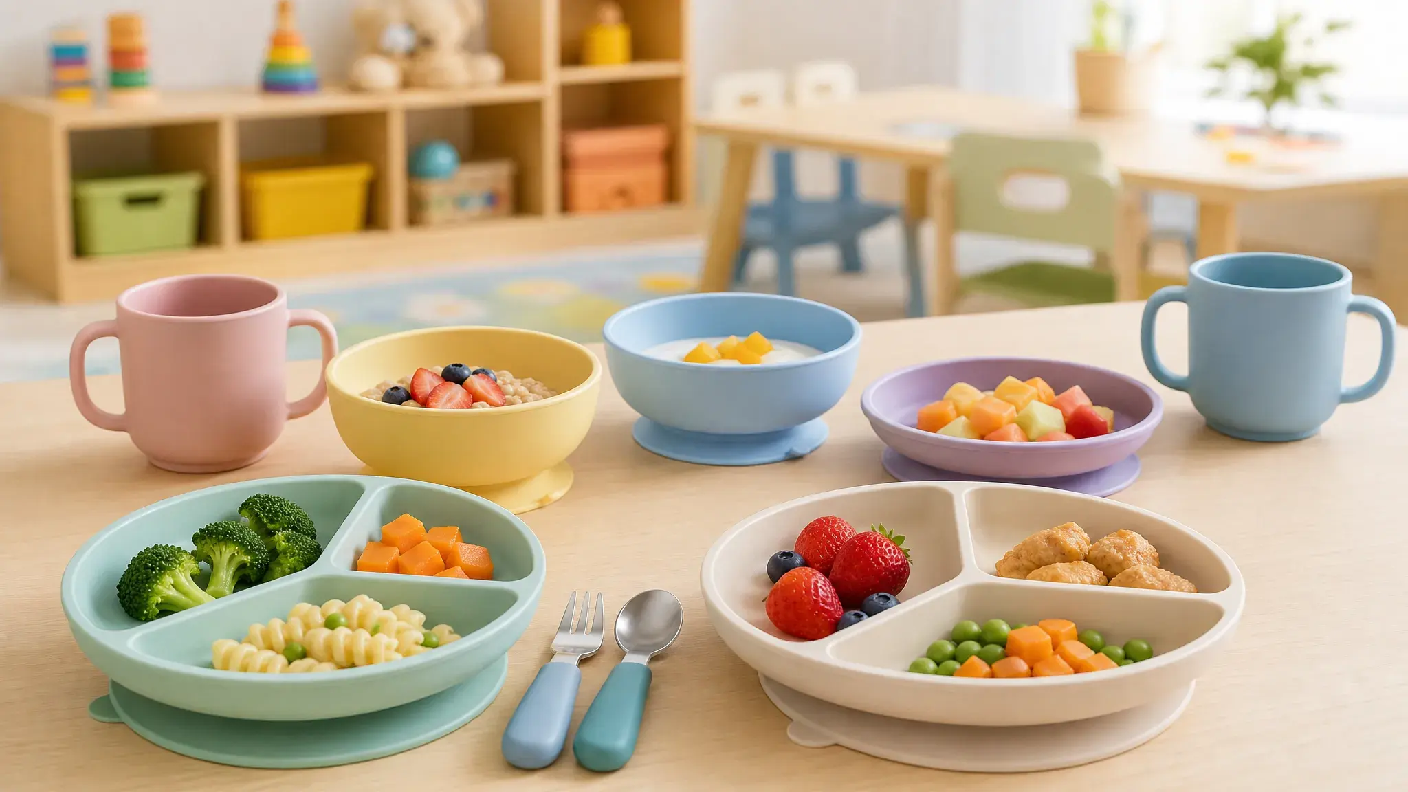 Toddler divided melamine plates and suction-base daycare tableware