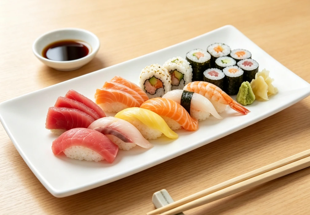 Fresh nigiri and maki rolls arranged on a durable commercial melamine plate