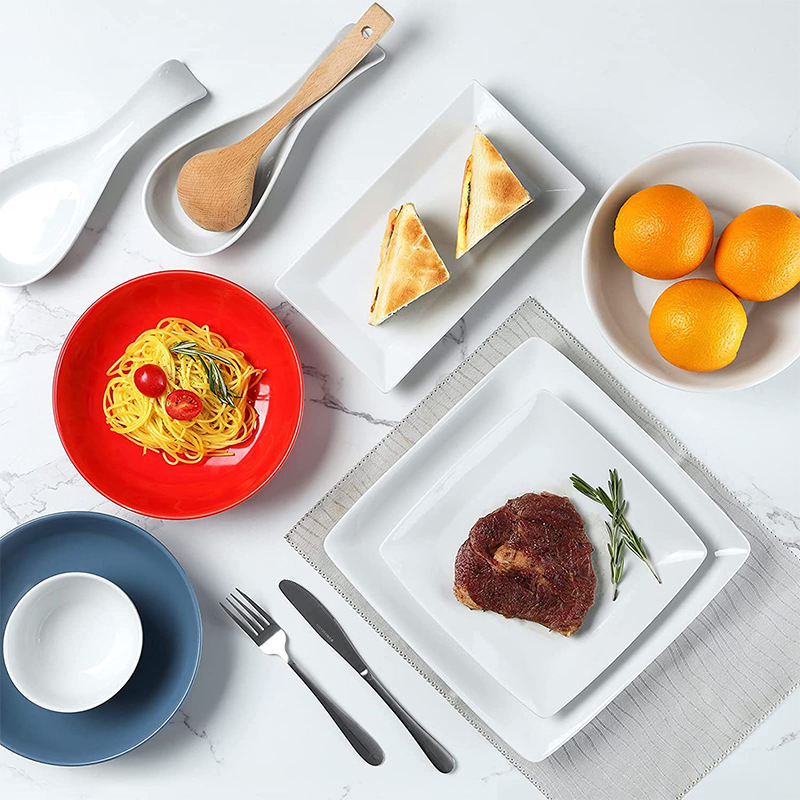 Colorful melamine dinnerware set with plates and bowls, comparing melamine vs plastic tableware