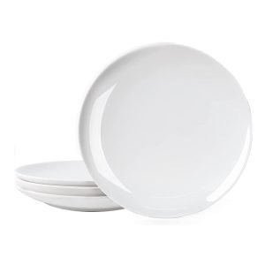 White round melamine dinner plates stacked for wholesale bulk ordering