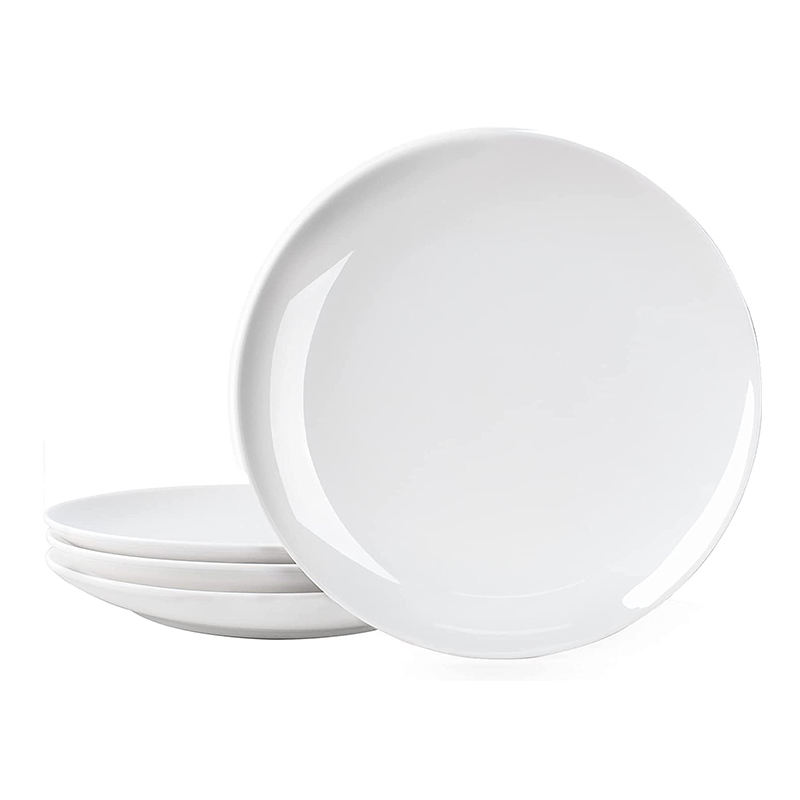 White round melamine dinner plates stacked for wholesale bulk ordering