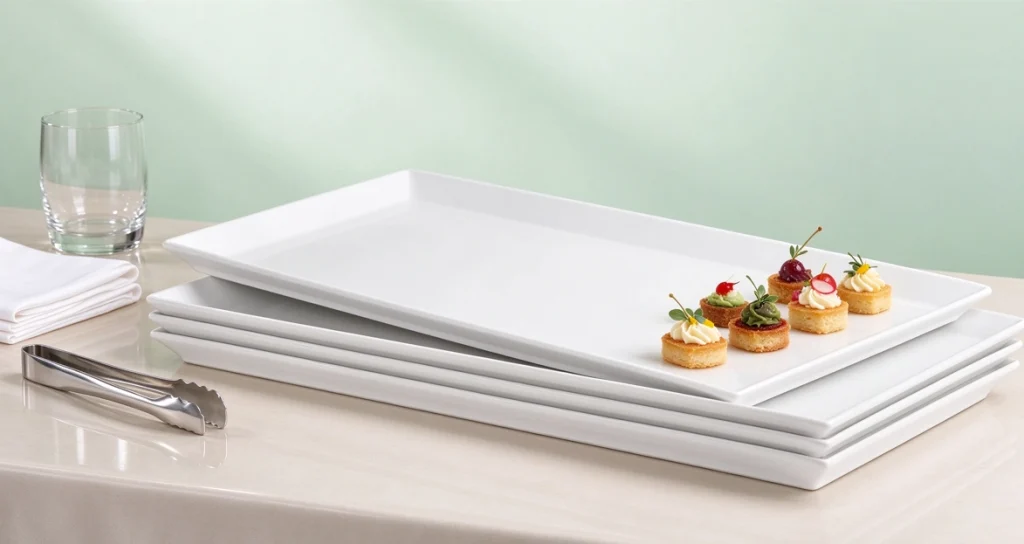 Stacked white rectangular melamine plates with appetizers, comparing melamine vs ceramic dinner plates