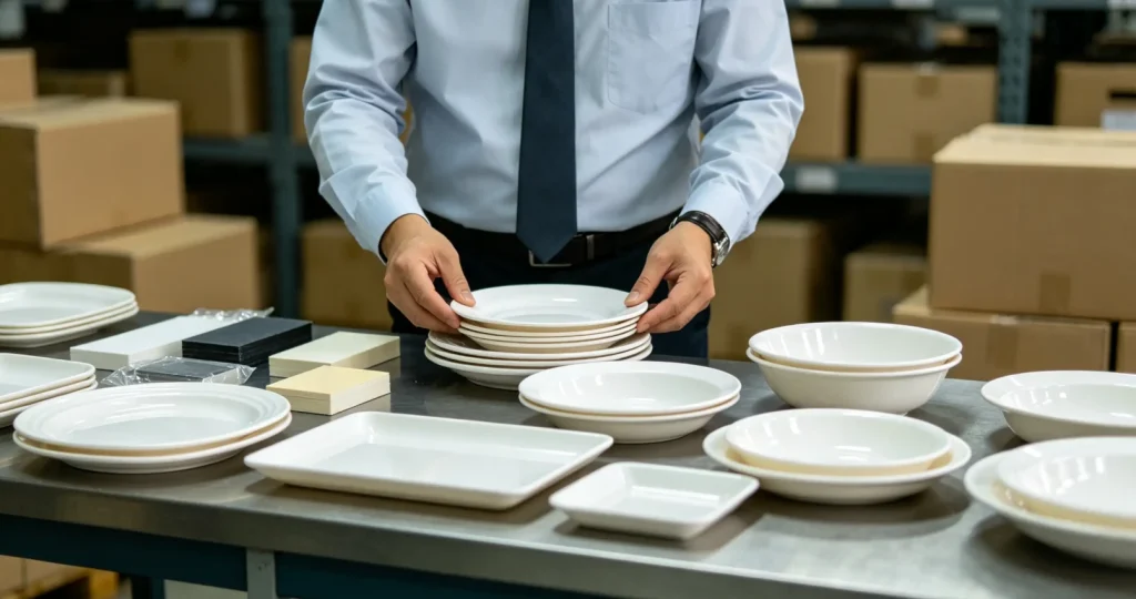 Inspector reviewing white melamine plates and tableware for wholesale bulk import