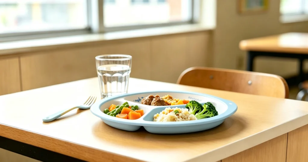 Divided kids melamine plates serving a healthy lunch in a daycare setting