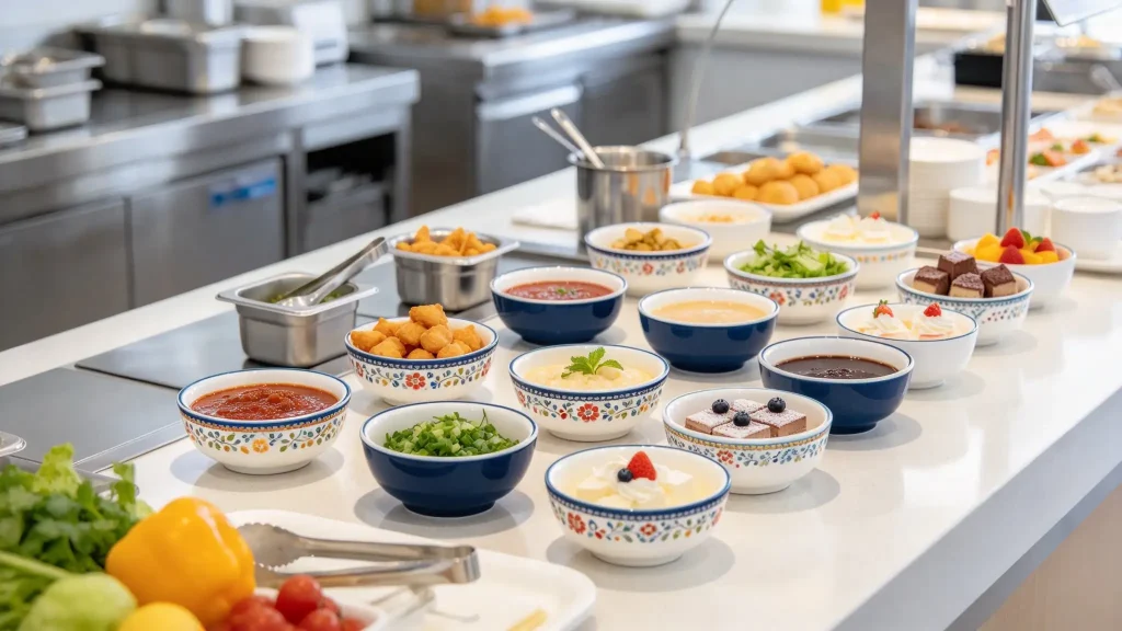 Small melamine bowls displayed on a commercial restaurant buffet line