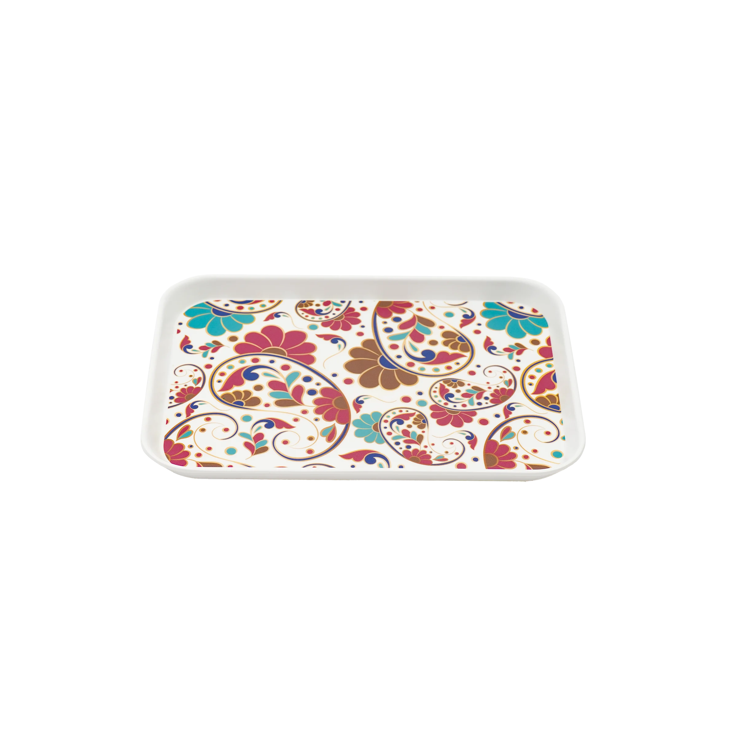 Floral melamine plates on a restaurant table, patterned rim dinnerware for foodservice