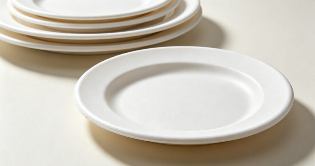 Stacked white melamine plates for commercial service kitchens
